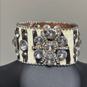 Zebra Print Leather Jeweled Rhinestone Studded Wrap Bracelet Boho Western